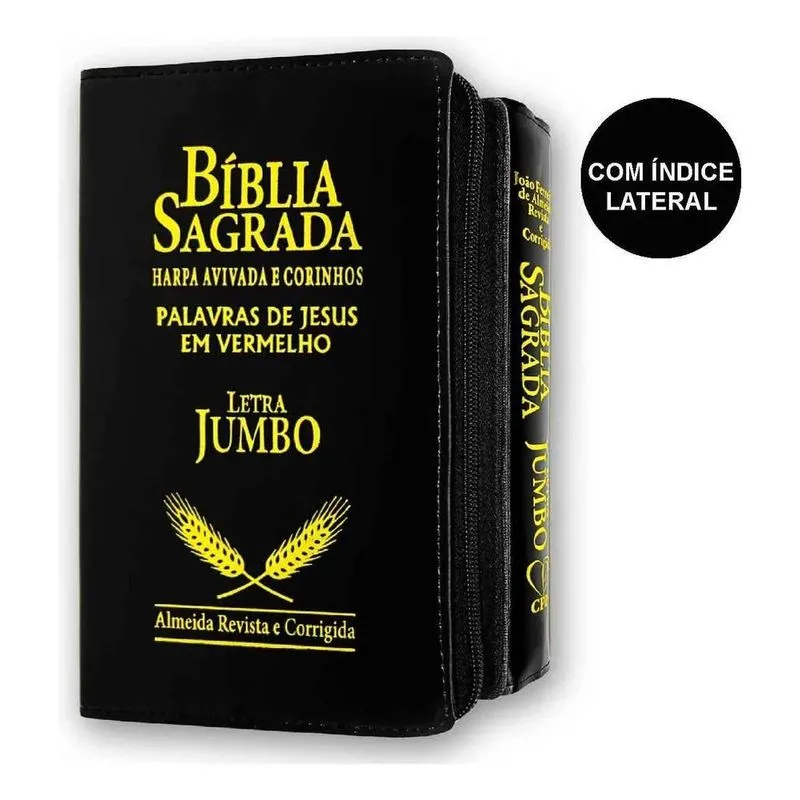 3x Bíblia Sagrada Letra Jumbo Com Harpa - Preta Zíper - Cpp