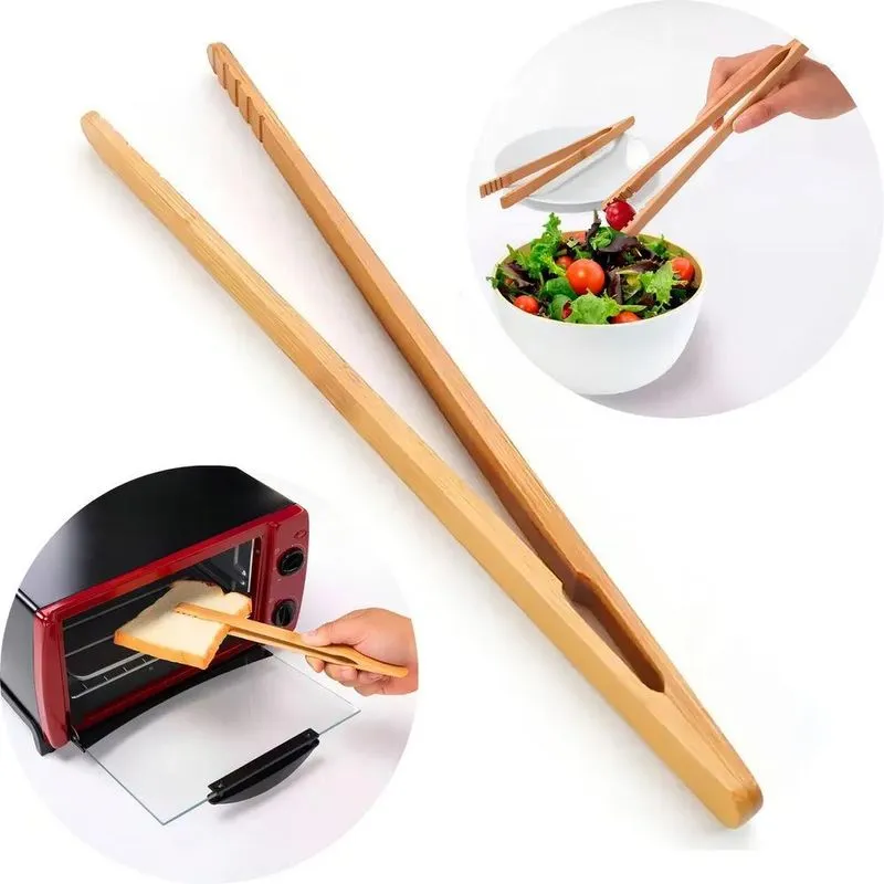 5x Pegador De Salada Fritura Bambu 36cm Multiuso Cozinha