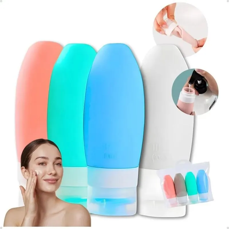Frasco Pote De Viagem Silicone Creme Shampoo Perfume Kit 4