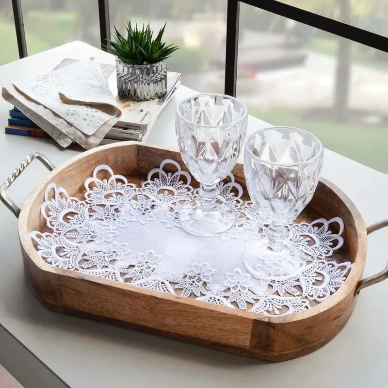3x Toalha De Bandeja Bordado Renda Guipir Com Organza Kit 2p