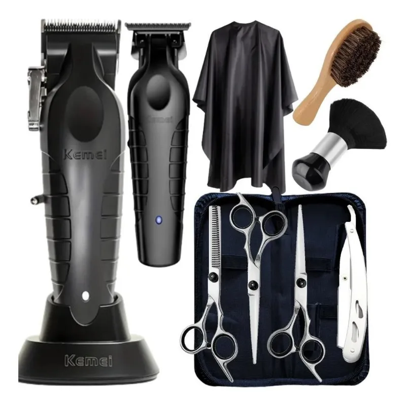 3x Kit Maquina Cortar Cabelo Tesoura Profissional + Acessóri