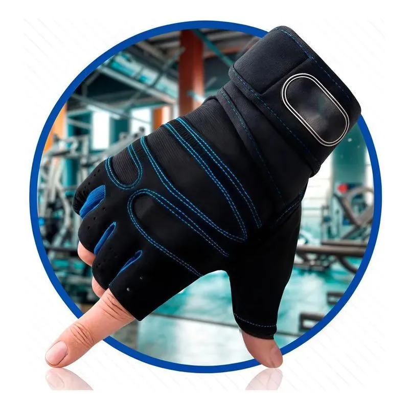 Luva Academia Musculação Esporte Neop Preto (detalhes Azul)