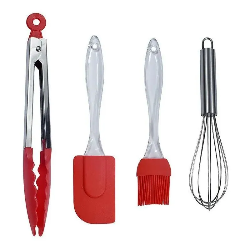 5x Kit Culinário Silicone 4 Peças Pegador Espátula Pincel Fu