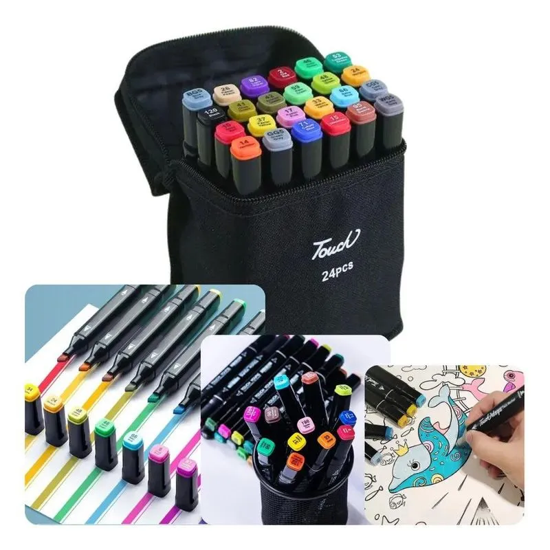 Canetinha Pintura Profissiona Kit 24 Pç Ponta Dupla + Estojo