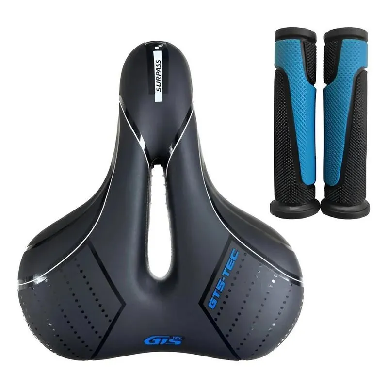 Kit Selim Sela Bike Largo Macio Gts Vazado Com Mano Azul