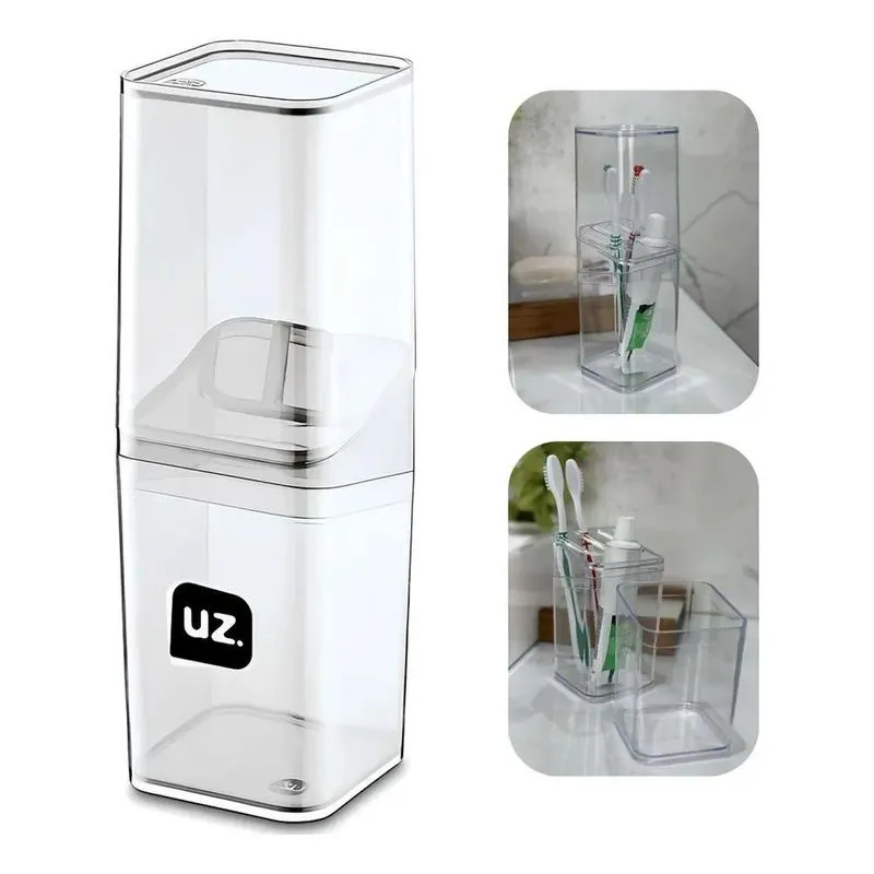 2x Porta Escova E Creme Dental Luxo Com Tampa Transparente U