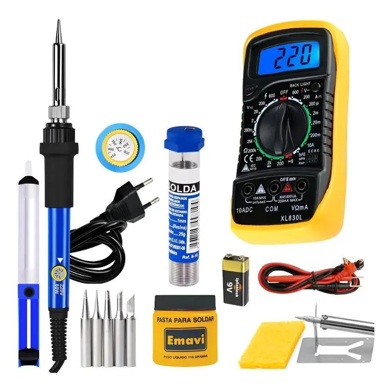 Kit Ferro De Solda 60w Ajuste Temp Multimetro Pasta Sugador