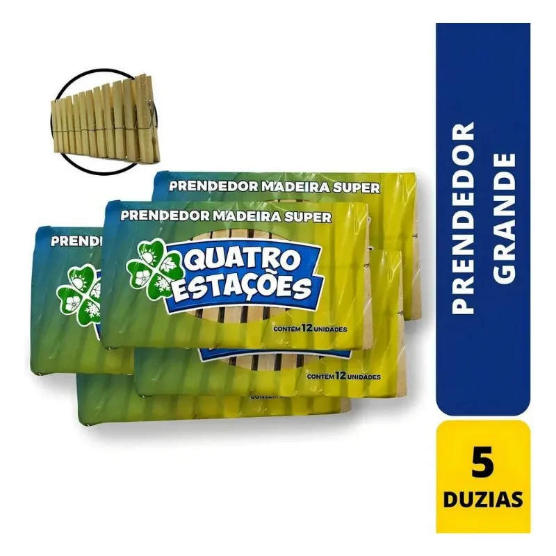 Kit 60 Prendedores De Roupa Madeira Grande 5 Dúzias Full Cor