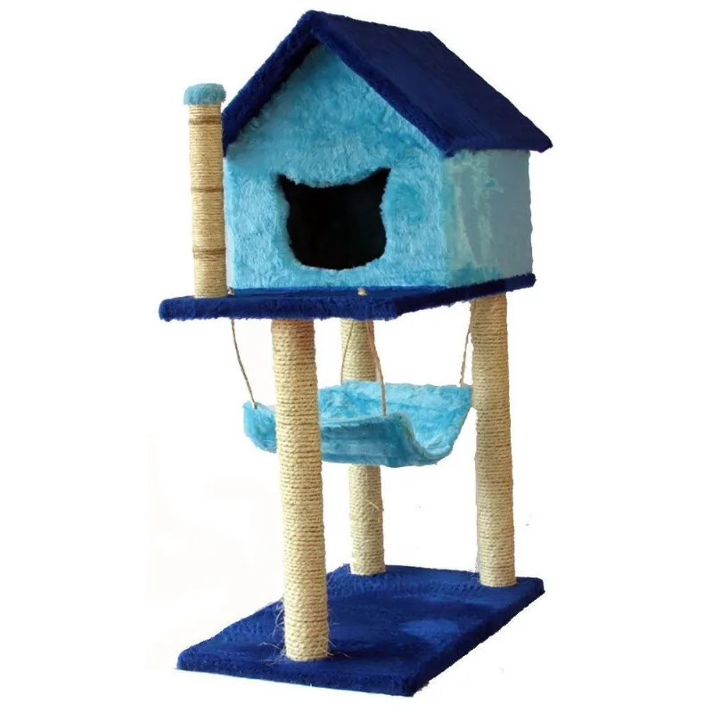 Arranhador Casa Com Rede Em Pelúcia - Azul Bebê/azul Royal