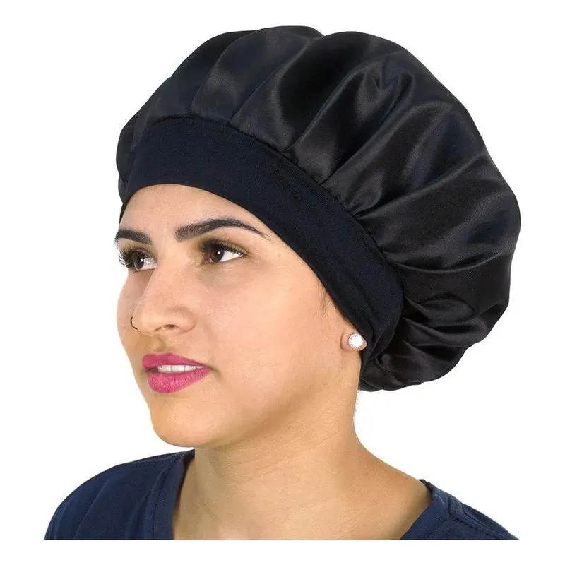 Touca De Cetim Anti Frizz Com Faixa Dormir Conforto Cor Pret