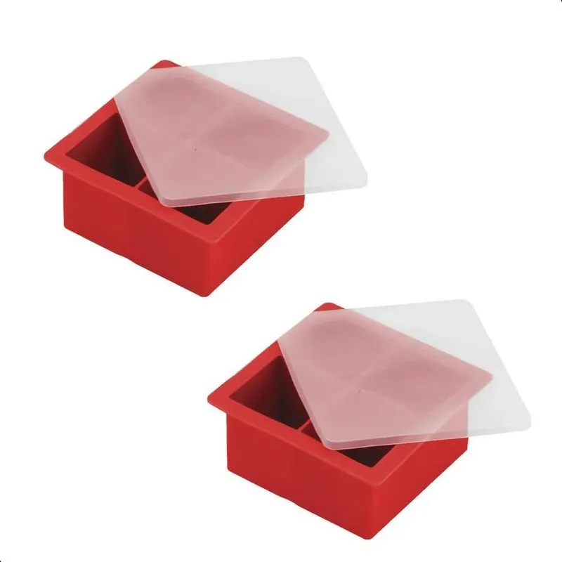Kit 2 Formas Silicone 4 Gelo Cubo Grande Whiskey Com Tampa C