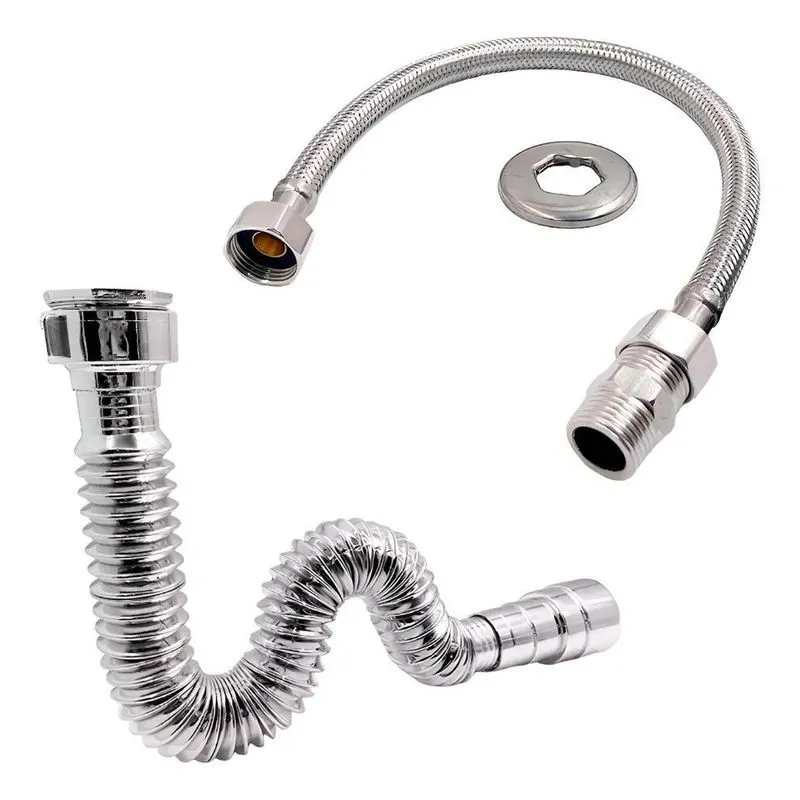 Kit Sifão + Rabicho 60cm Metal Inox Flexível Mangueira Pia