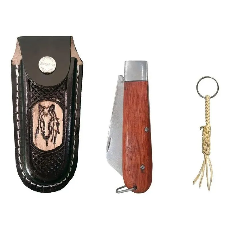 3x Conjunto Canivete + Bainha De Couro + Um Chaveiro Bonito