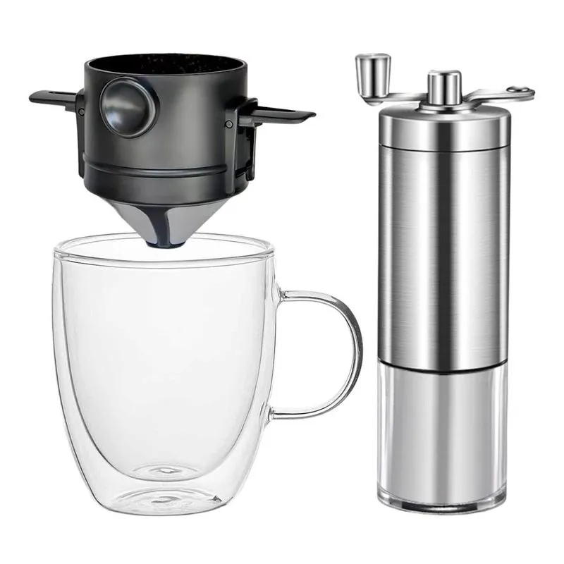 Kit Mini Filtro Café + Moedor Manual + Caneca Vidro 350ml