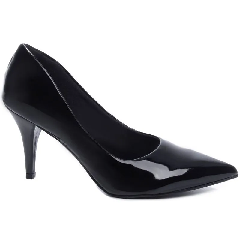 Sapato Scarpin Salto Fino Médio Numeração Especial Verniz Preto Fino Arrasadora