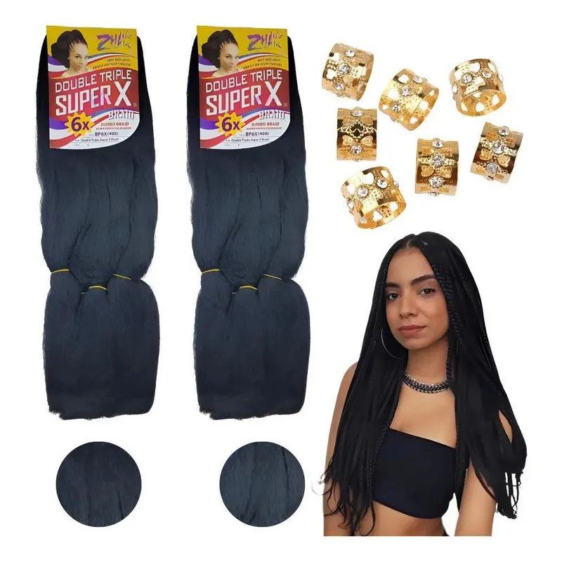 Kit 2 Pacotes Cabelo Jumbo Super X Para Tranças 400g + Anéis