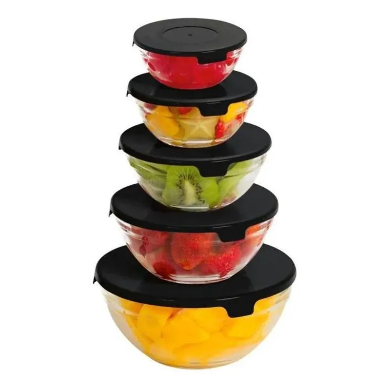 3x Conjunto 5 Tigelas Potes Bowls De Vidro Com Tampa Preta