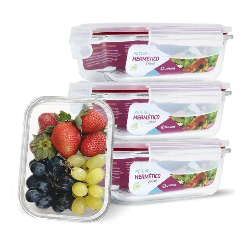 5x Conjunto 4 Potes De Vidro Hermético Marmita 370ml Com Tra