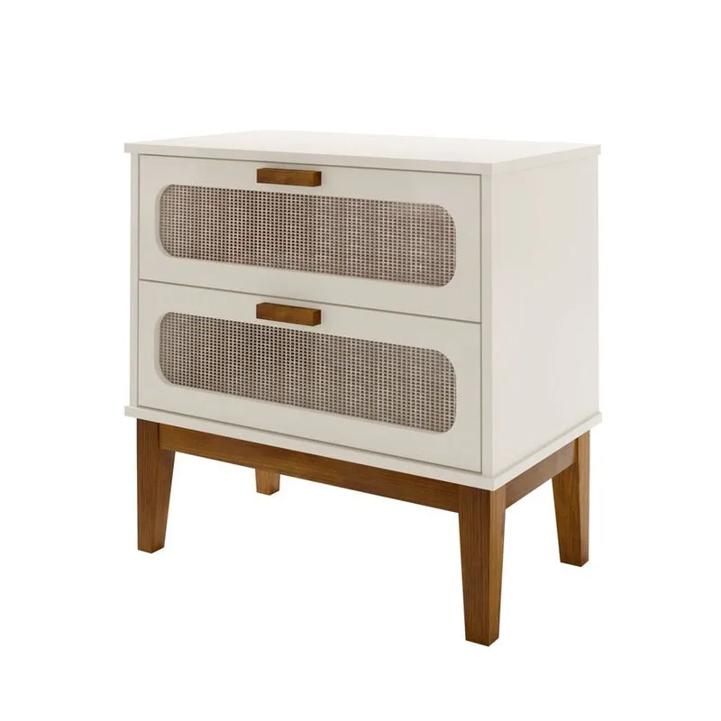 Mesa de cabeceira Santorini 60cm pes de madeira 2 gavetas OffWhite