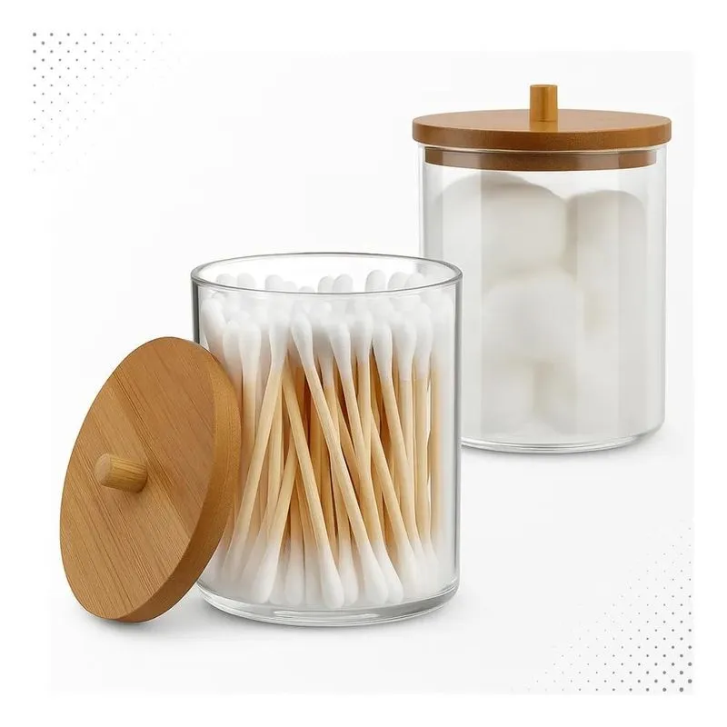5x Kit 2 Porta Cotonete Algodão Acrílico Tampa Bambu Multius
