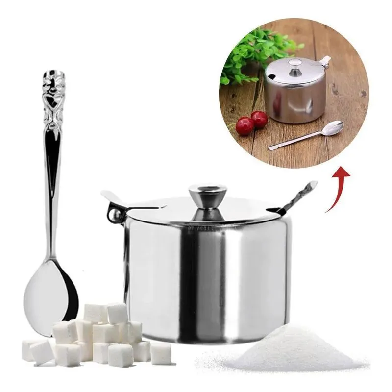 5x Açucareiro Aço Inox Profissional Com Tampa E Colher 250g