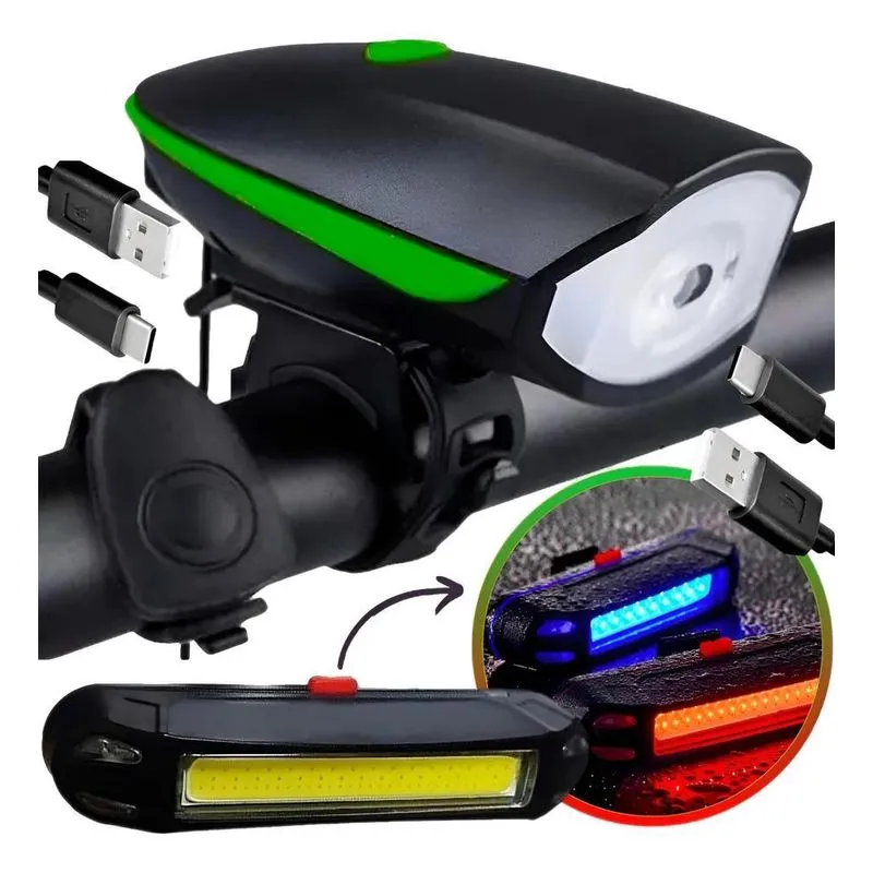 Kit Lanterna Farol Led Com Buzina Bike Recarregavel Verde