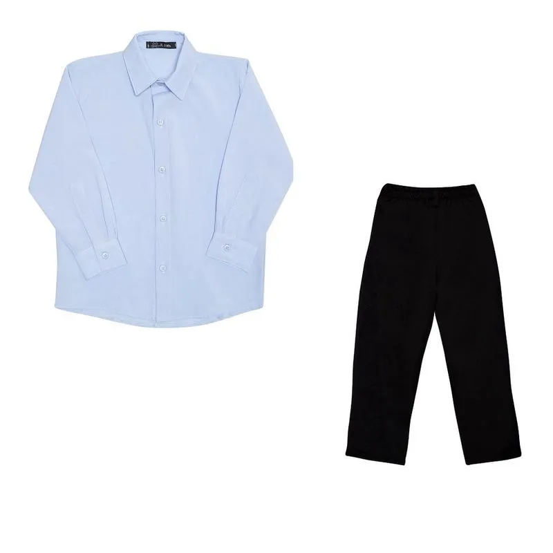 Camisa Infantil Social Azul Claro Botão + Calça Social Preta