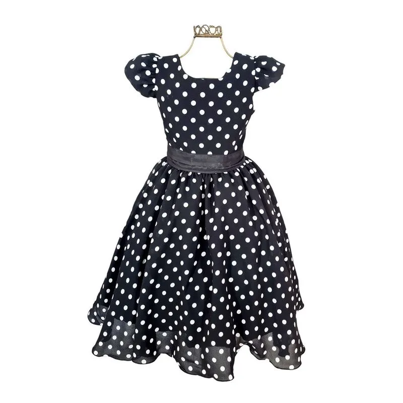 Vestido Infantil Poá Preto Retrô Festa Aniversário Rodado