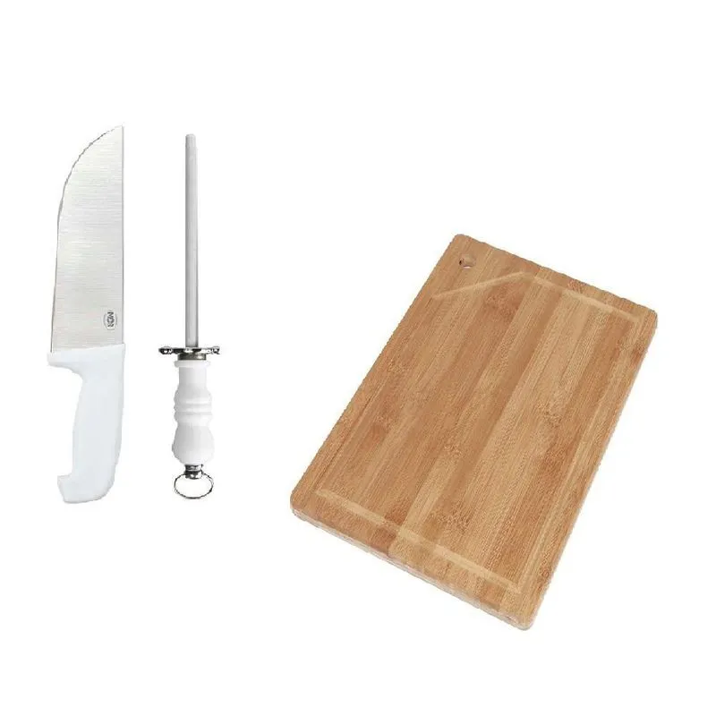 Kit Tábua Para Corte Carne 35x25cm Bamboo Faca 8 Chaira Mor