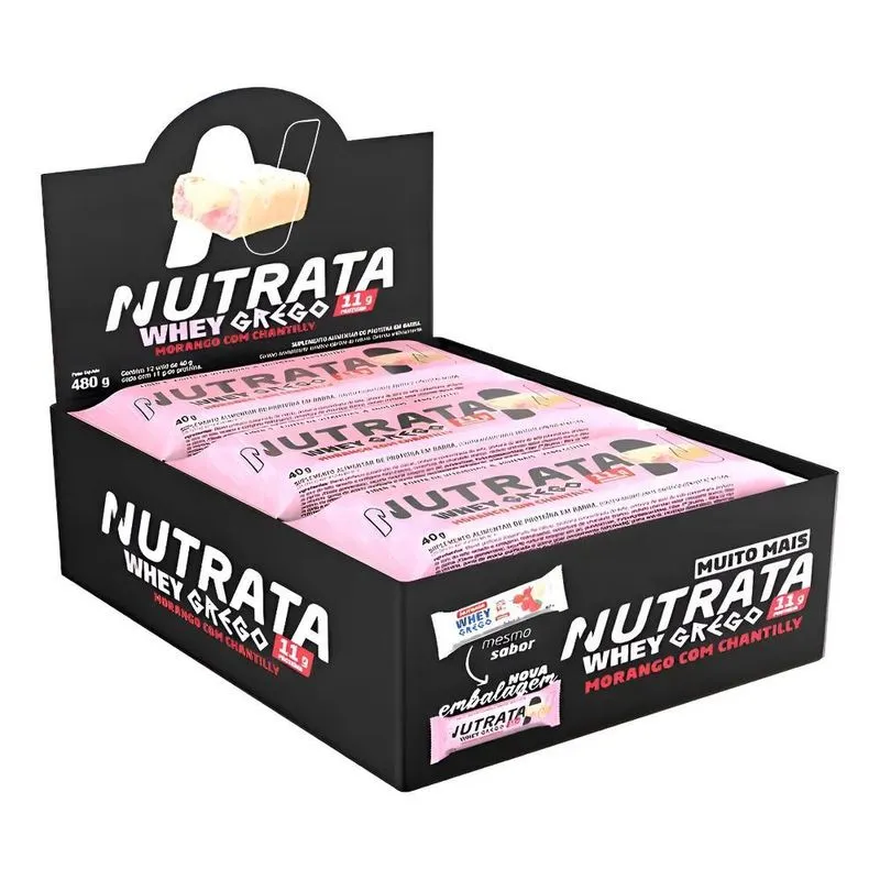 Barra Whey Grego 40g Display Com 12 Unidades Morango Com Cha