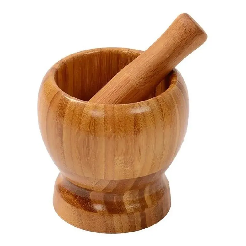 2x Pilão Com Socador Madeira Bambu Alho Pimenta Condimentos