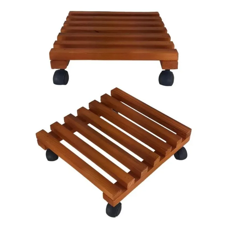 2x Kit 2 Suporte De Vaso Com Rodas Para Plantas Deck De Made