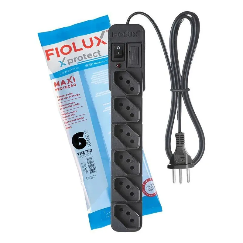 Régua 6 Tomadas Com Proteção, Fusível, Chave E Led Fiolux