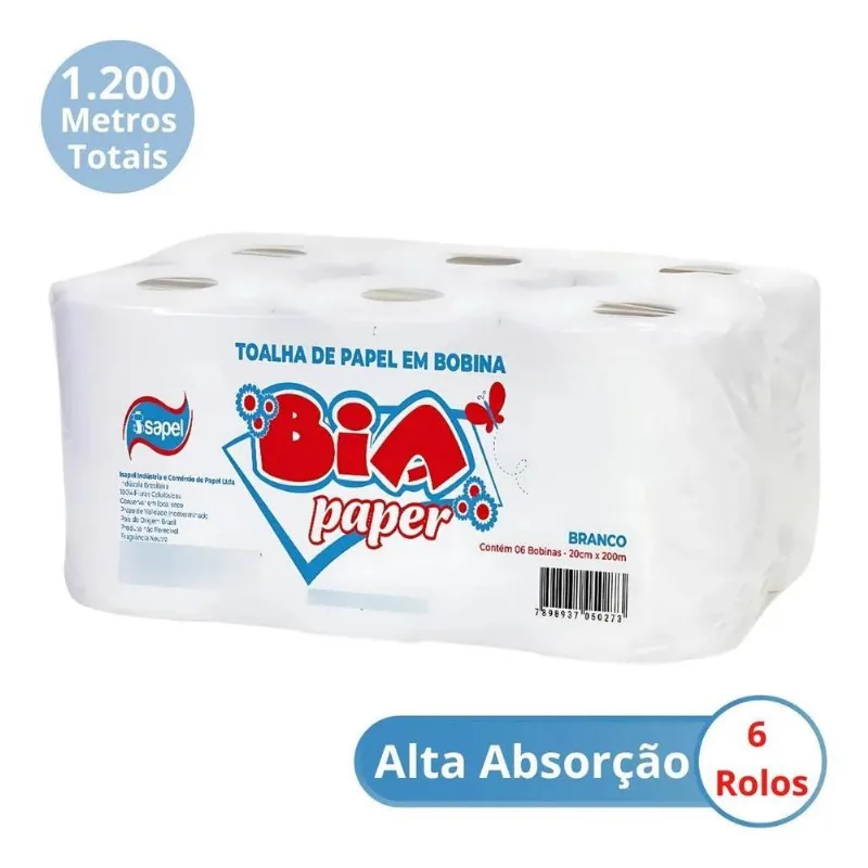 5x Papel Toalha Bobina 20x200m Branco C/6 Rolos 1.200m Tot