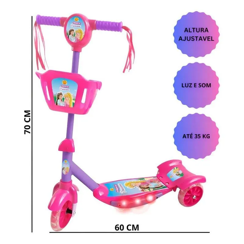 Patinete Infantil Musical Princesa 3 Rodas Luzes E Cestinha