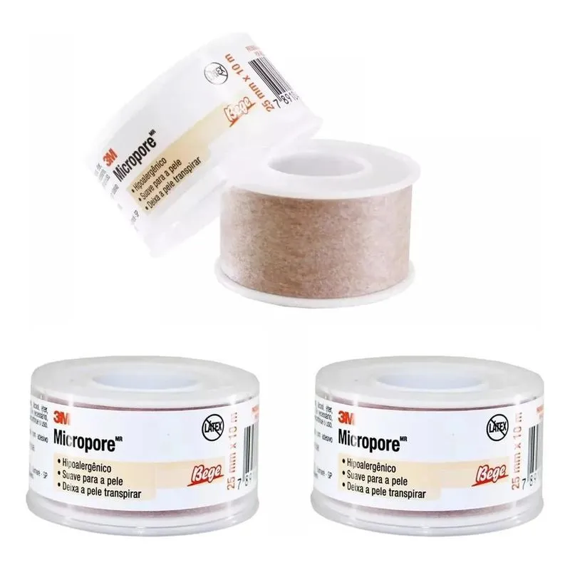 5x Fita Micropore 3m Bege 25mm X 10m Kit C 3 Rolos Para Pele