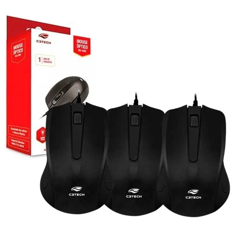 Kit 3x Mouse Office Com Fio Usb Preto Para Notebook E Pc