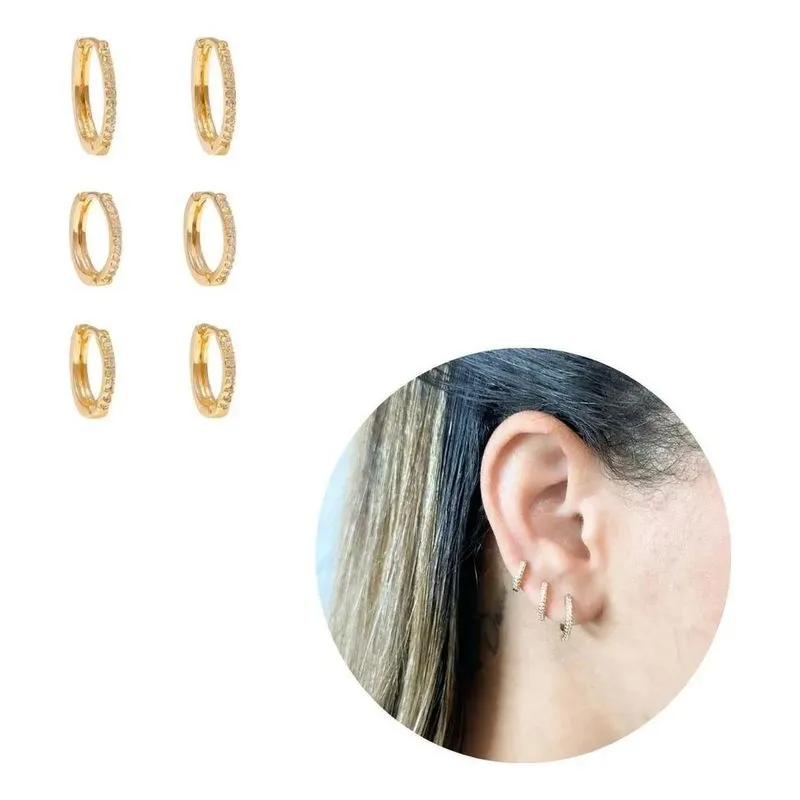 10x Brincos Trio Argola Cravejado Ouro 18k Dourado Zircônia