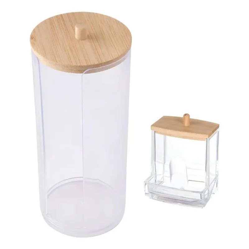 Organizador Disco Algodão E Cotonetes Acrílico Tampa Bambu