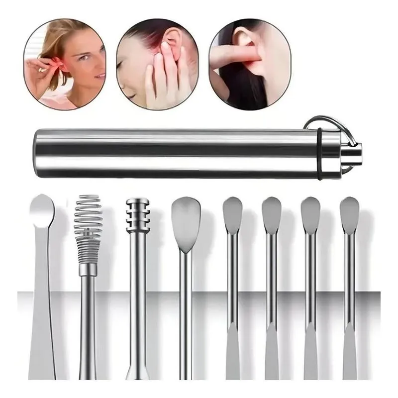 5x Kit 8 Removedor De Cera De Ouvido Inox Limpador Tira Cera