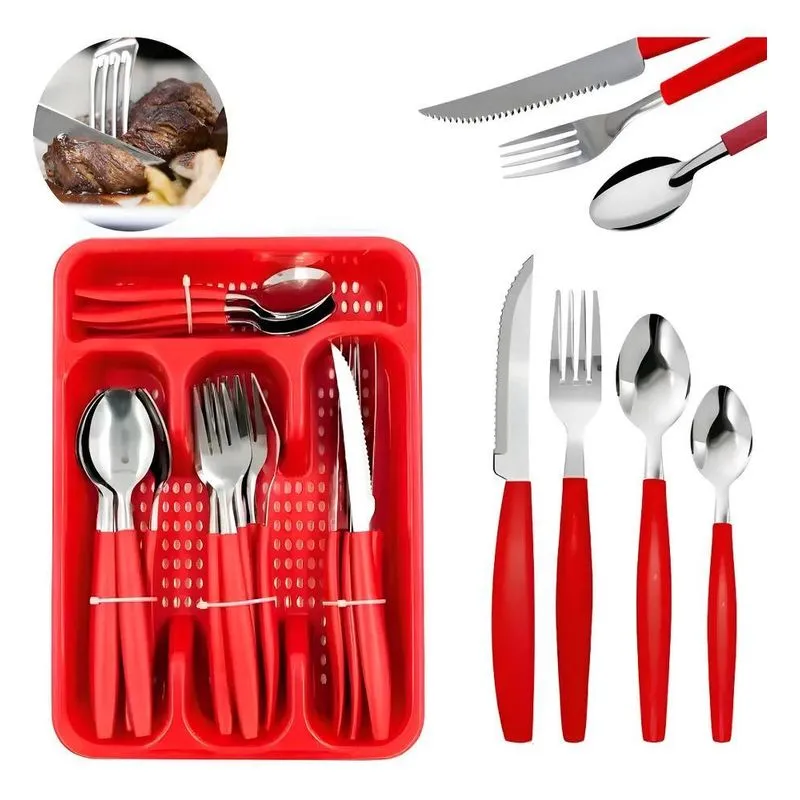 Kit Talheres 24 Pecas Porta Talher Luxo Premium Cor Vermelho