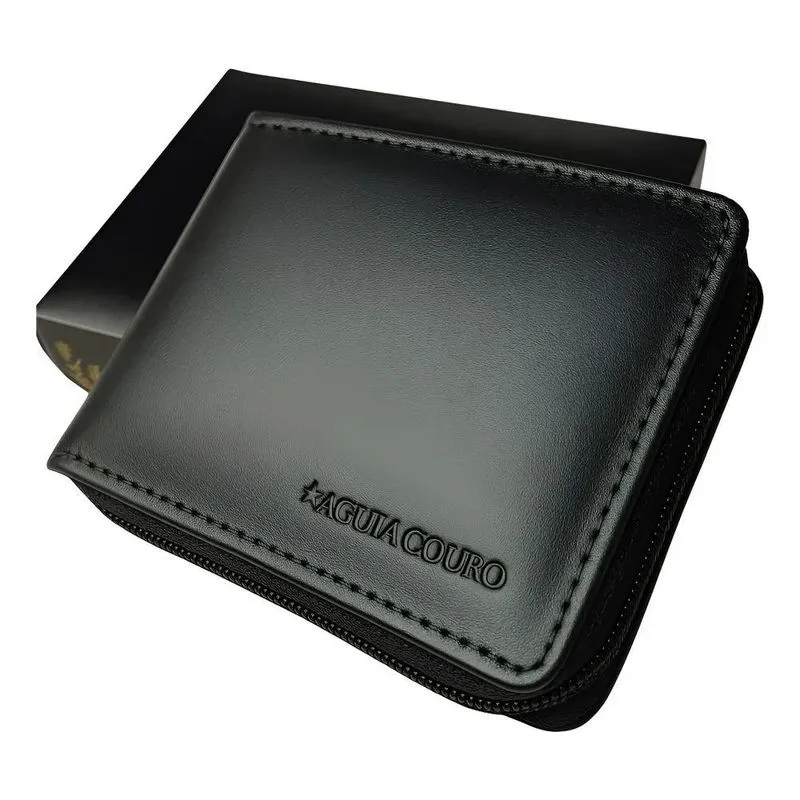 Águia Couro Carteira Masculina Com Zíper Carteira Cor Preto