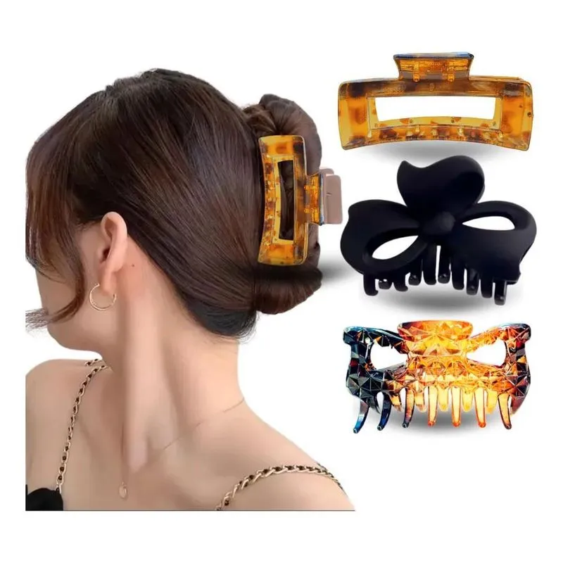 5x 03 Prendedor De Cabelo Piranha Luxo Grande Acrílico