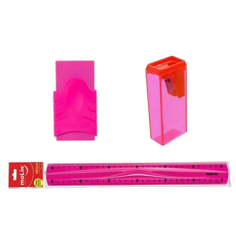 Kit Régua + Apontador + Borracha Rosa Molin Neon Escolar
