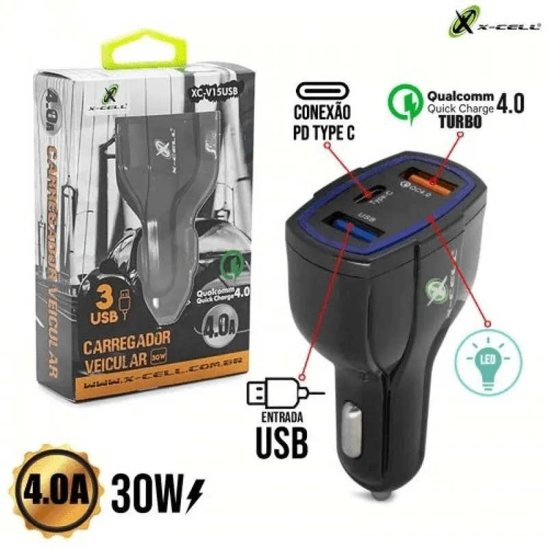 Carregador Veicular Turbo 30w 4.0a 2 Usb + 1 Usb-c Xc-v15usb