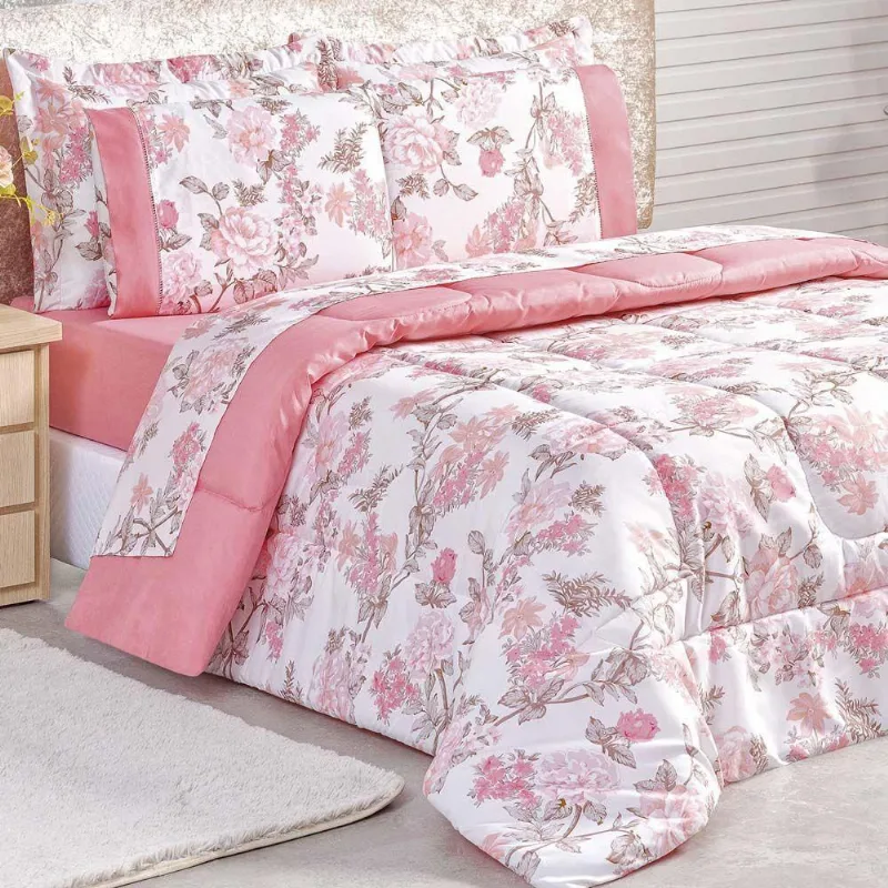Kit Edredom Queen Suave 200 Fios 3 Peças - Rosa