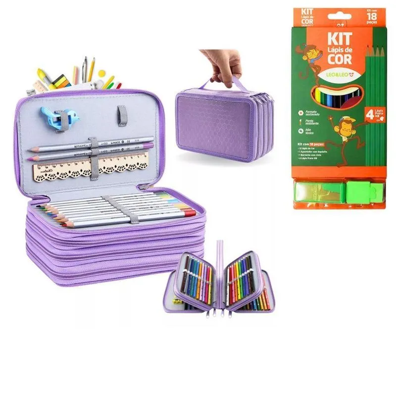 Kit Estojo Escolar Com 4 Compartimentos Mais Kit Lápis De Cor Estojo Com 18 Peças Lilás