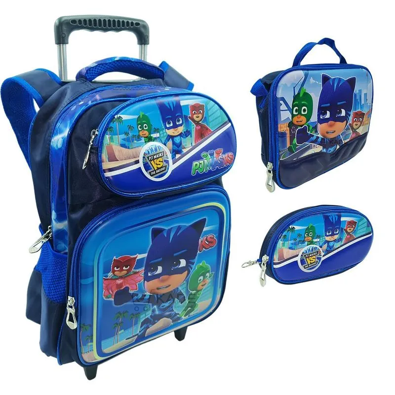 Kit Mochila Rodinhas Lancheira Escolar Meninos - Pj Masks