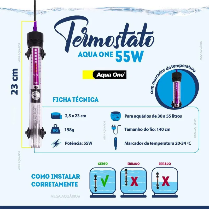Aquecedor Termostato Aqua One 55w Aquários Até 55 L 110v