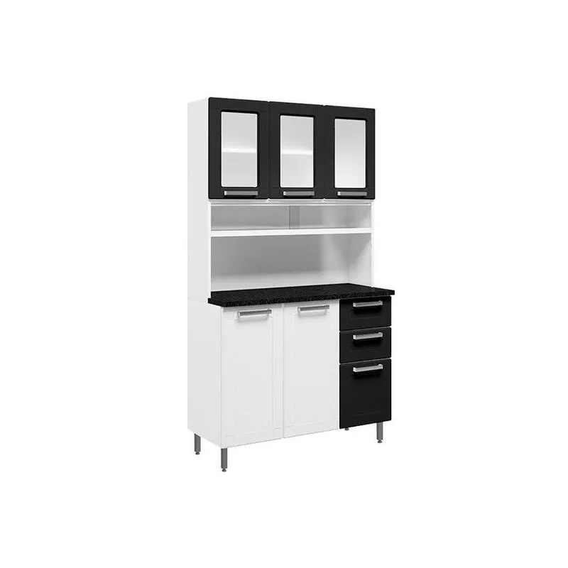 Kit De Cozinha Compacta Múltipla C/ 6 Portas (3 C/ Vidro) E 2 Gavetas Branco/preto - Bertolini